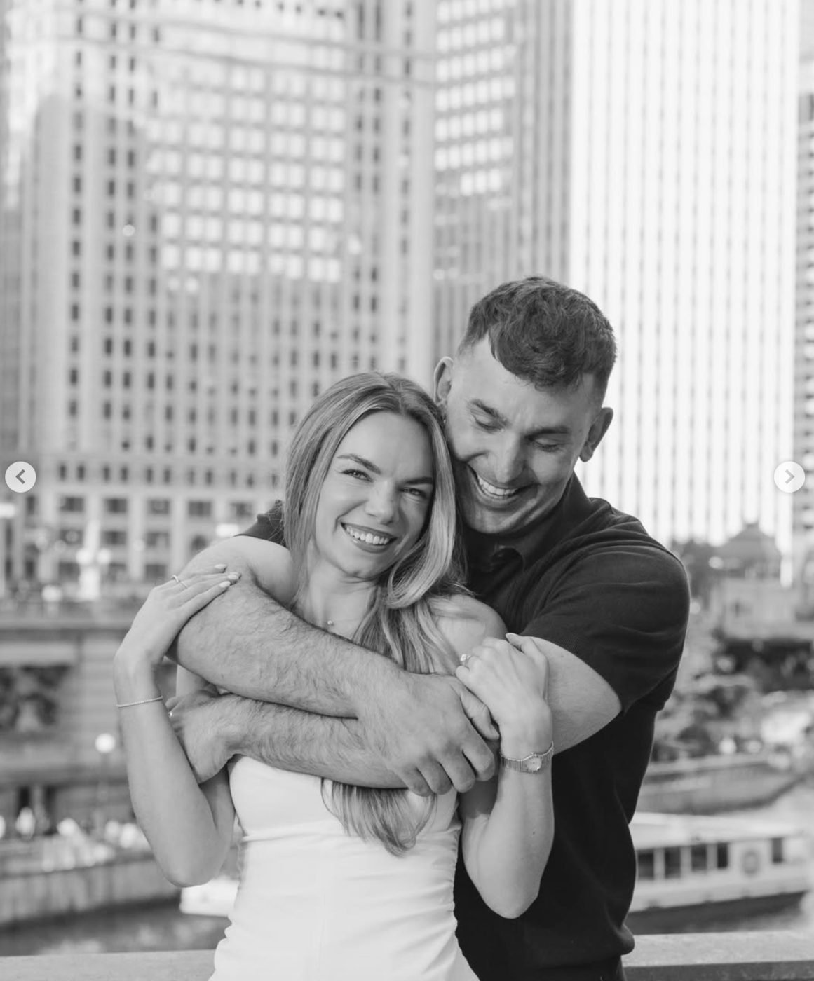 Hirsch hugging Alli from behind, black and white